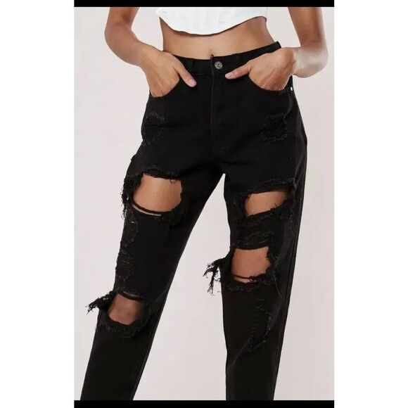 NWT Missguided Black High Rise Riot Denim Ripped Mom Jeans Size 0 Petite - Picture 2 of 7